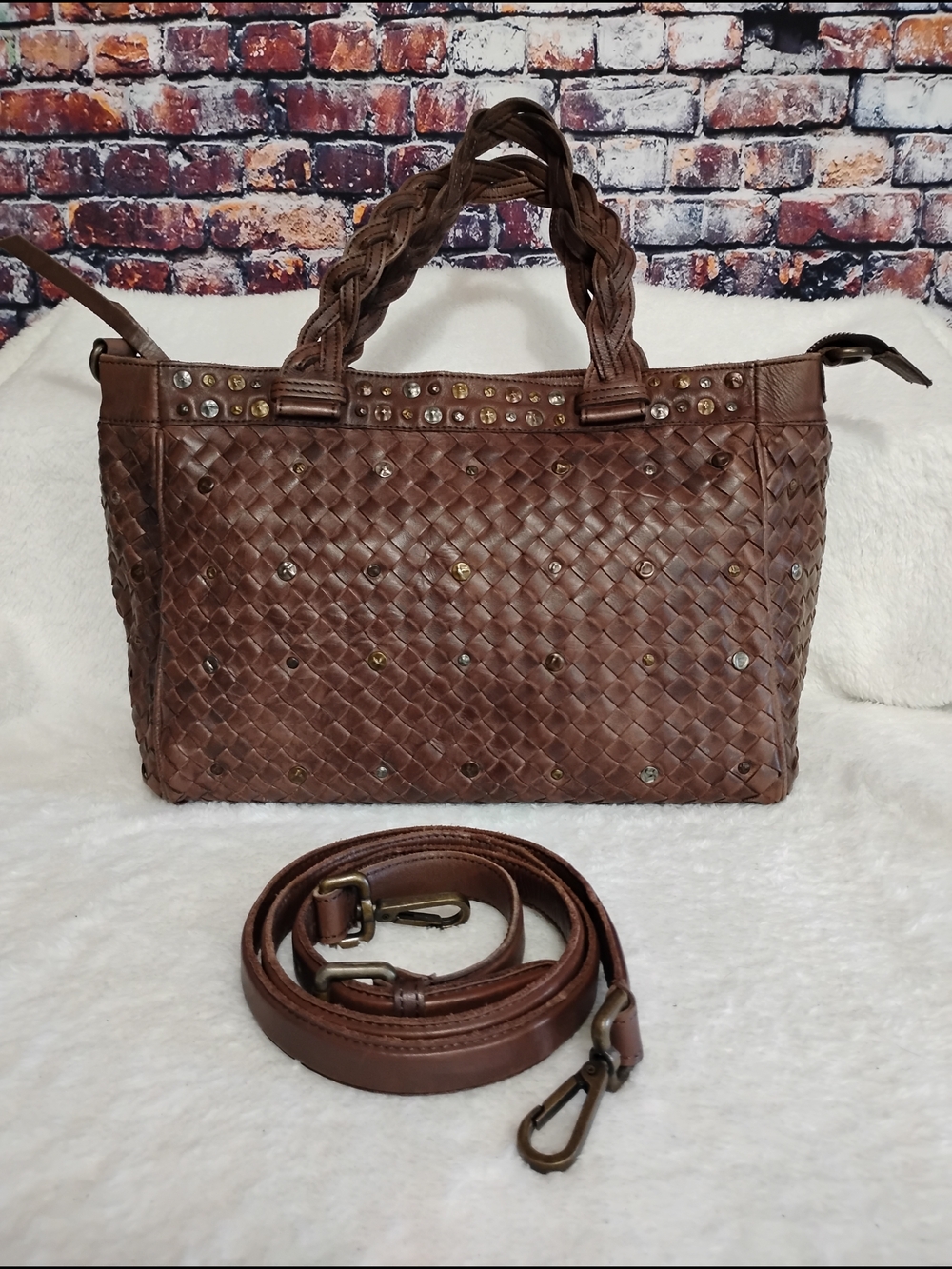 Platania Brown Woven Braided Leather Handbag Satchel Tote